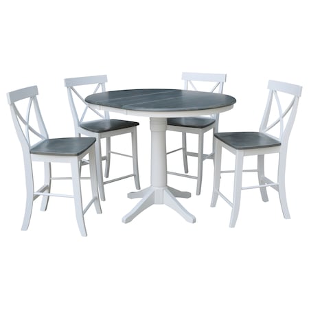 International Concepts Round 36 in Rd Extend Dining Table, 4 X-Back Stools, White/Heather Gray, 36 W, 48 L, 36.1 in H, Wood K05-36RXT-27B-S6132-4